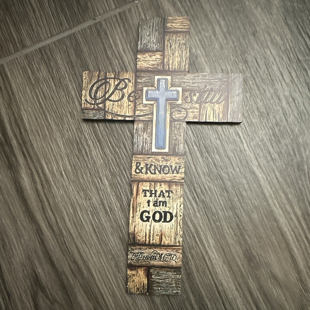 Wood Wall Cross Plaque, Blue Cross Inlay, Psalm 46:10 Be Still & Know